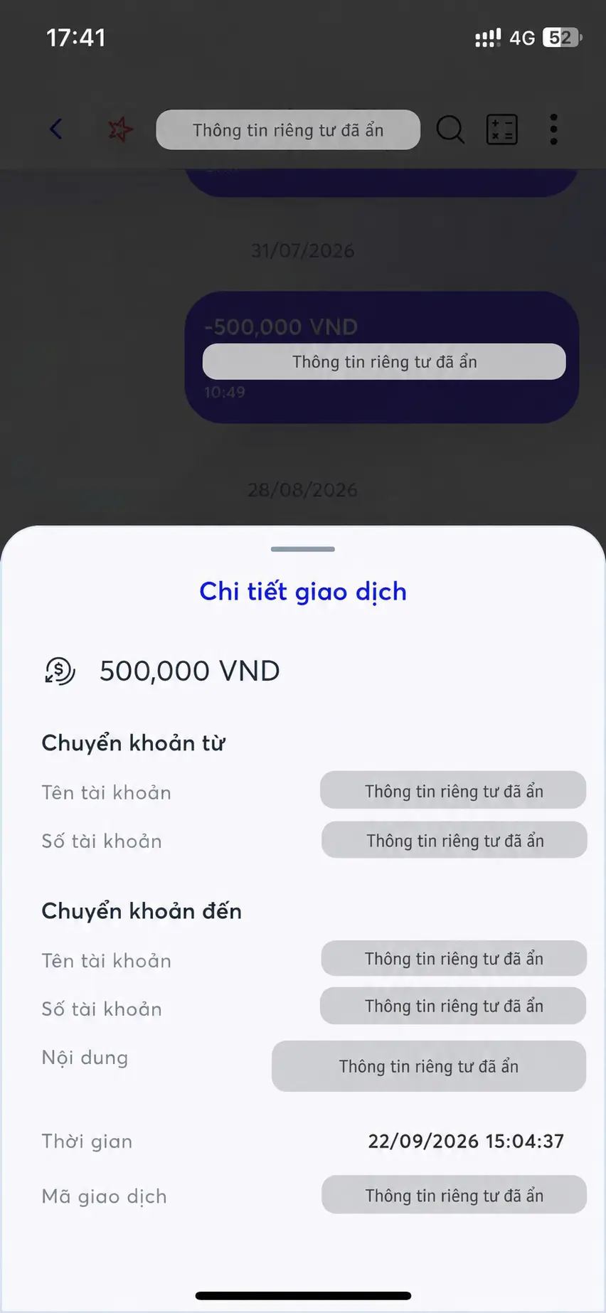 Example 500,000 VND payment with personal details hidden
