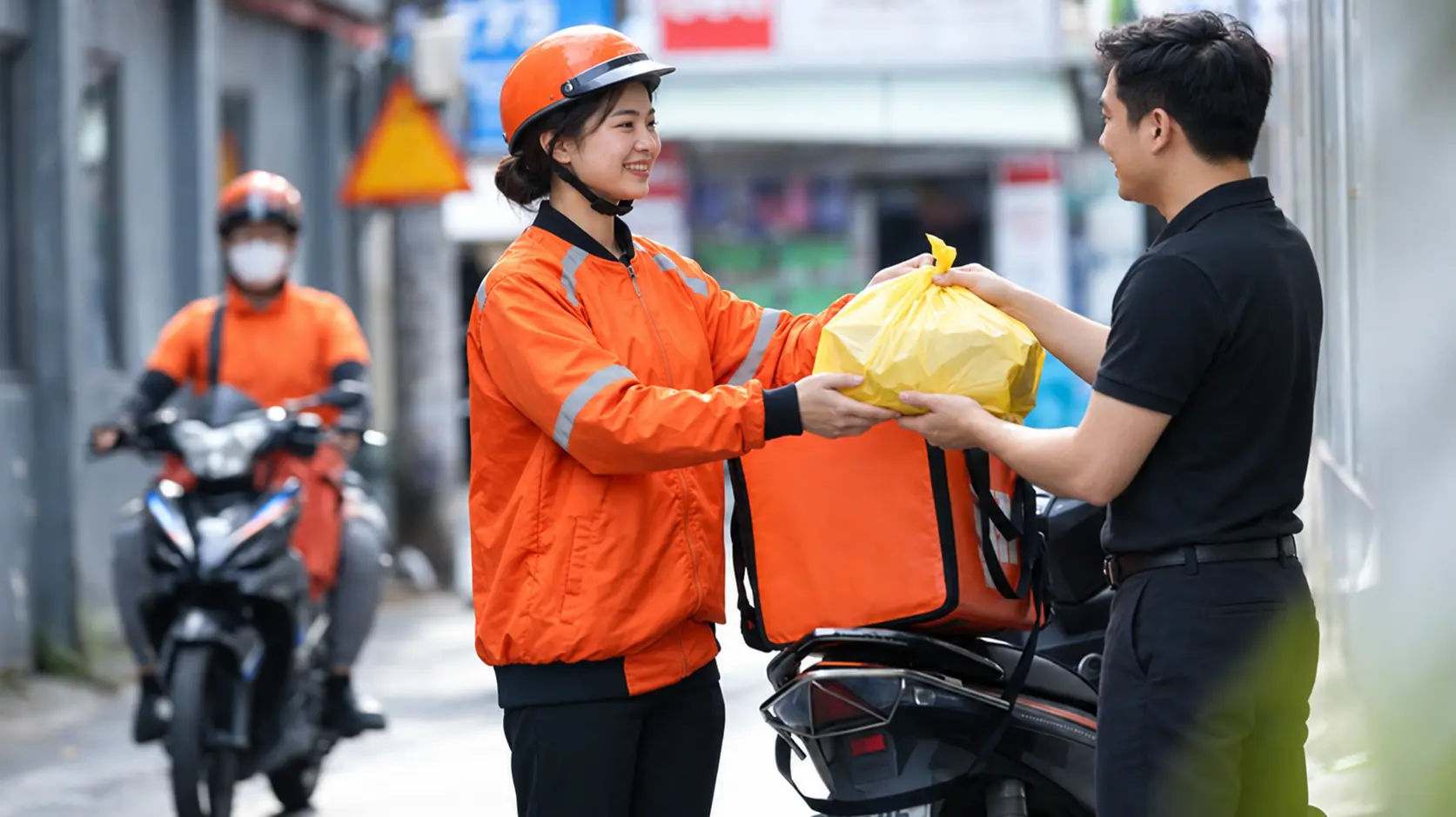 Driver handing over an order in a neighborhood